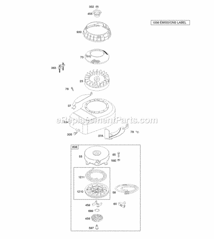 Blower HousingShrouds Flywheel Rewind Starter Diagram and Parts List for 09L702-0587-F1  Briggs and Stratton Engine